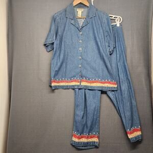Fashion Bug Shirt Pants Set Womens 14/16W Blue Denim Floral Patch Embroidery 90s